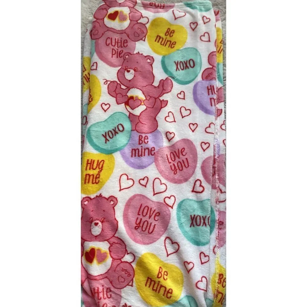 Care Bears Love A Lot Bear Throw Blanket 50 X 70” Conversation Hearts Valentines
